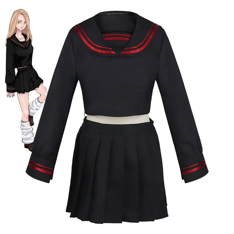 Anime Yuzuha Shiba Tokyo Revengers Cosplay Kostüm Mädchen Kleid Schwarz Matrosenanzug Top Rock Set Lange Perücke Halloween Party Rollenspiel