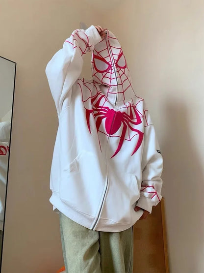 Sweat à capuche zippé brodé en forme d'araignée pour femme et homme, veste ample à manches longues, style Harajuku, hip-hop, streetwear, Y2K