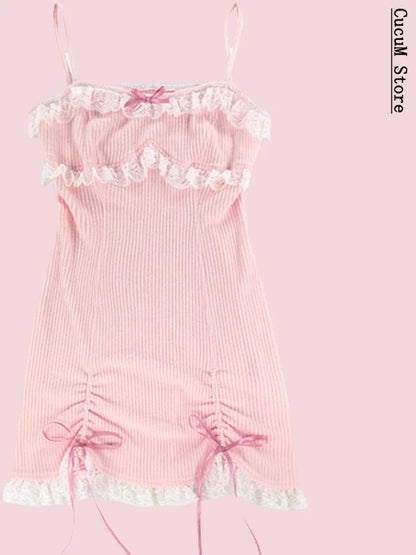 Japanisches Kawaill Lolita-Kleid für Damen, Schleife, Rosa, Party-Minikleider, weibliche Prinzessin, koreanische Mode, 2-teiliges Kleid-Set 2024 Frühling