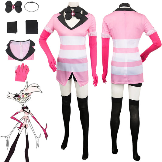 Angel Cos Dust Cosplay Cartoon Hotel Kostüm Rosa Enge Lederrobe Mädchen Frauen Erwachsene Halloween Karneval Rollenspiel Anzug