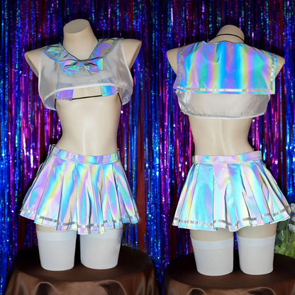 Anime Transparent Sexy JK Uniforme Fille Femmes Cosplay Glow Sailor Suit Nuit Lumineuse Bikini Haut Jupe Costume Lingerie Ensemble