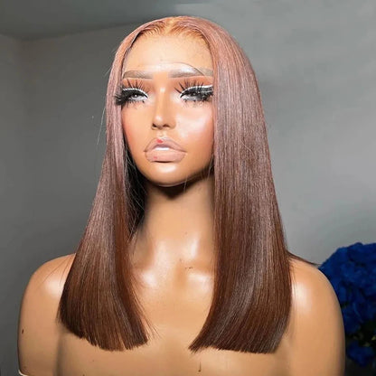 Perruque Lace Front Wig Bob Cheveux Humains Marron 13x4 Droite 180% Densité Complète HD Transparente Perruques Lace Front Wig Bob Hair