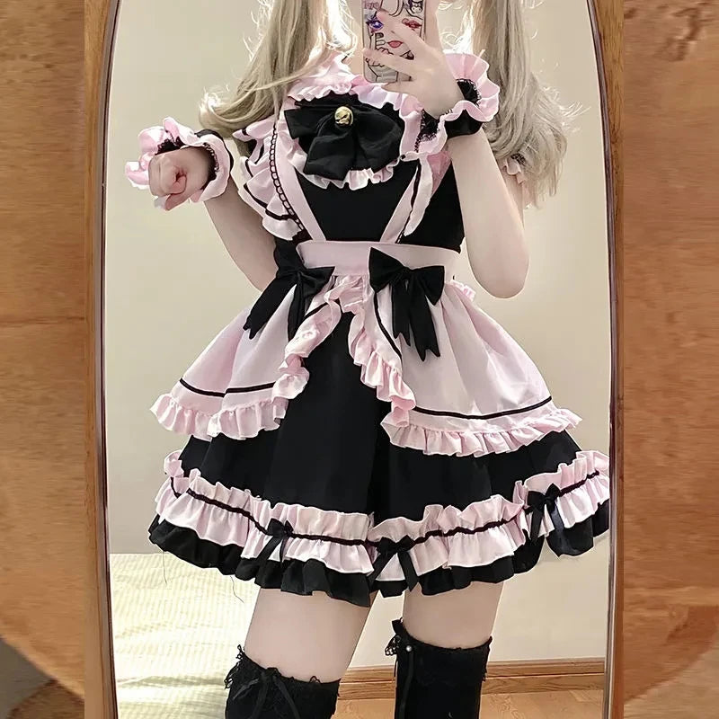 Robe Lolita noire et rose mignonne française, tenue de femme de chambre, costume de chat girly doux avec nœud, robes de bal d'anniversaire, robe d'été pour fille