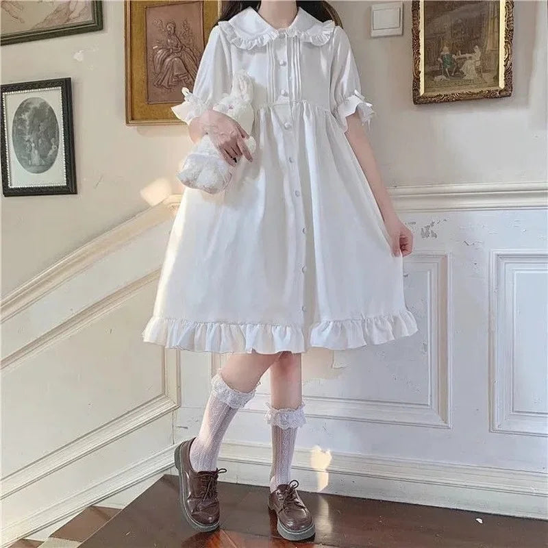 Japanese Sweet Girl Lolita Dress White 2021 Summer Kawaii Peter Pan Collar Cute Ruffle Puff Sleeve Drees Elegant Lady Dresses