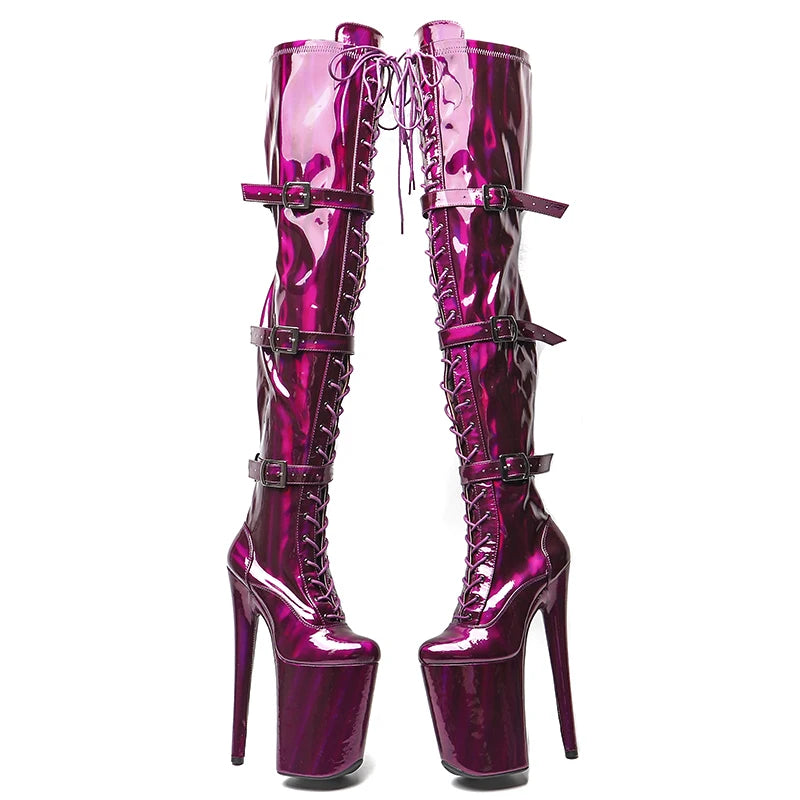 Leecabe 23CM/9 zoll Glänzendes material PU mode dame High Heel plattform Pole Dance stiefel