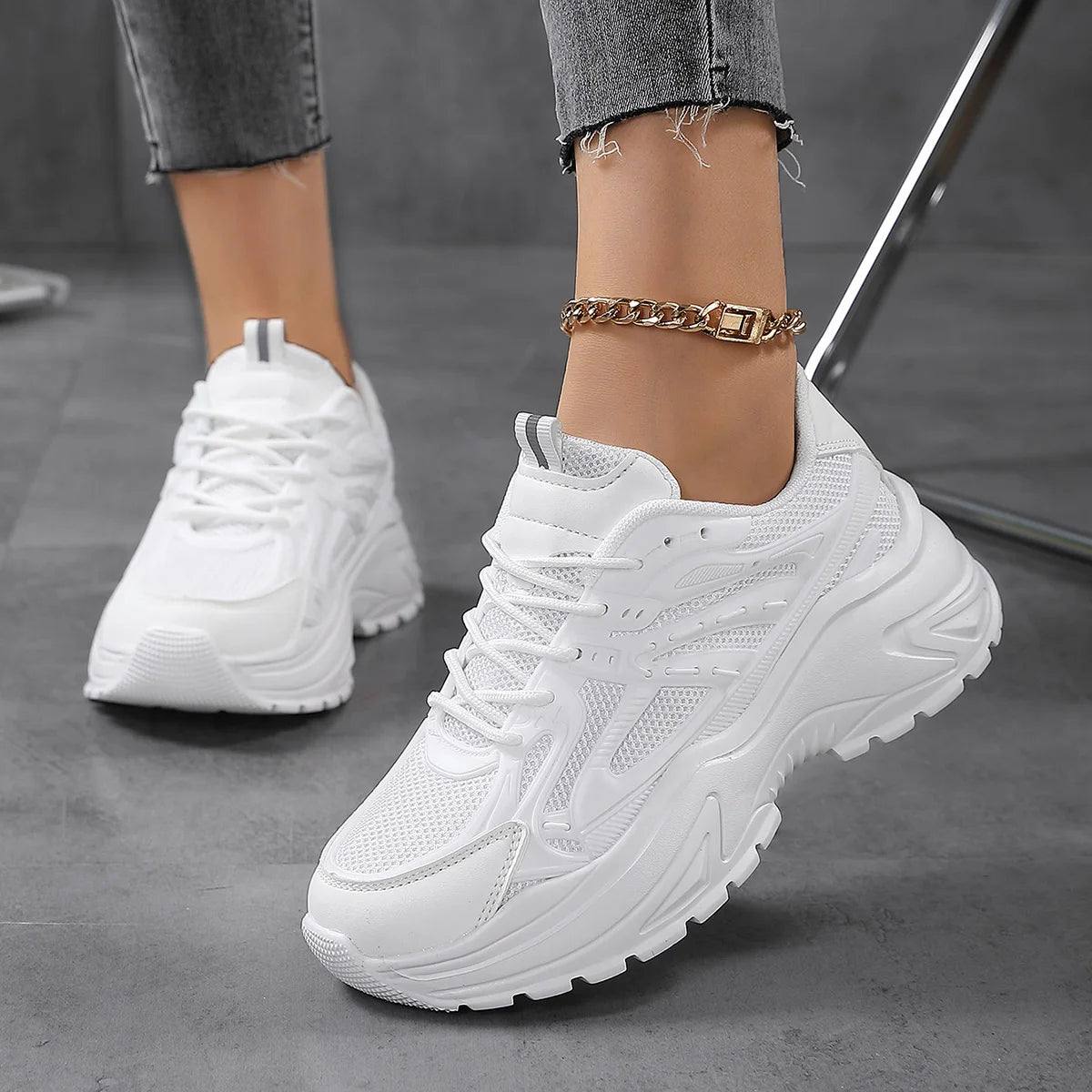 Womens Fashionable Chunky Mesh Sneakers - Breathable & Comfortable Elevator Design - Solid Color Trainers for Everyday Walking