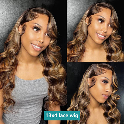 Perruque Lace Front Wig Body Wave 13x4 13x6 HD Highlight pour femmes, cheveux humains Remy P4/27, perruques en cheveux humains ombrés avec dentelle frontale