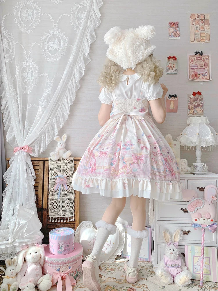 KIMOKOKM Sweet Lolita Style Col Carré Chat Impression Designer JSK Robe Nœud Sans Manches Dentelle Volants Dentelle Girly Camisole Robe