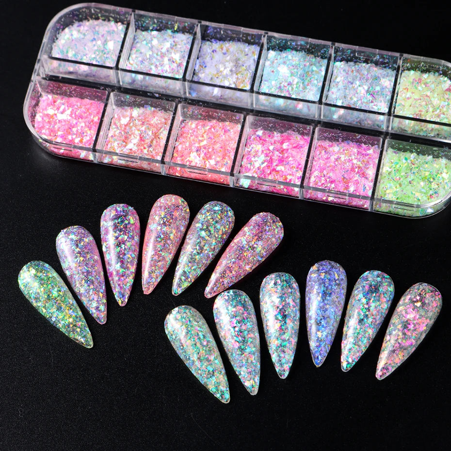 12 grilles Aurora Chameleon Nail Glitter Flakes Paillettes irrégulières en verre de cristal Poudre Brillante Sirène Paillette Nail Art Décoration