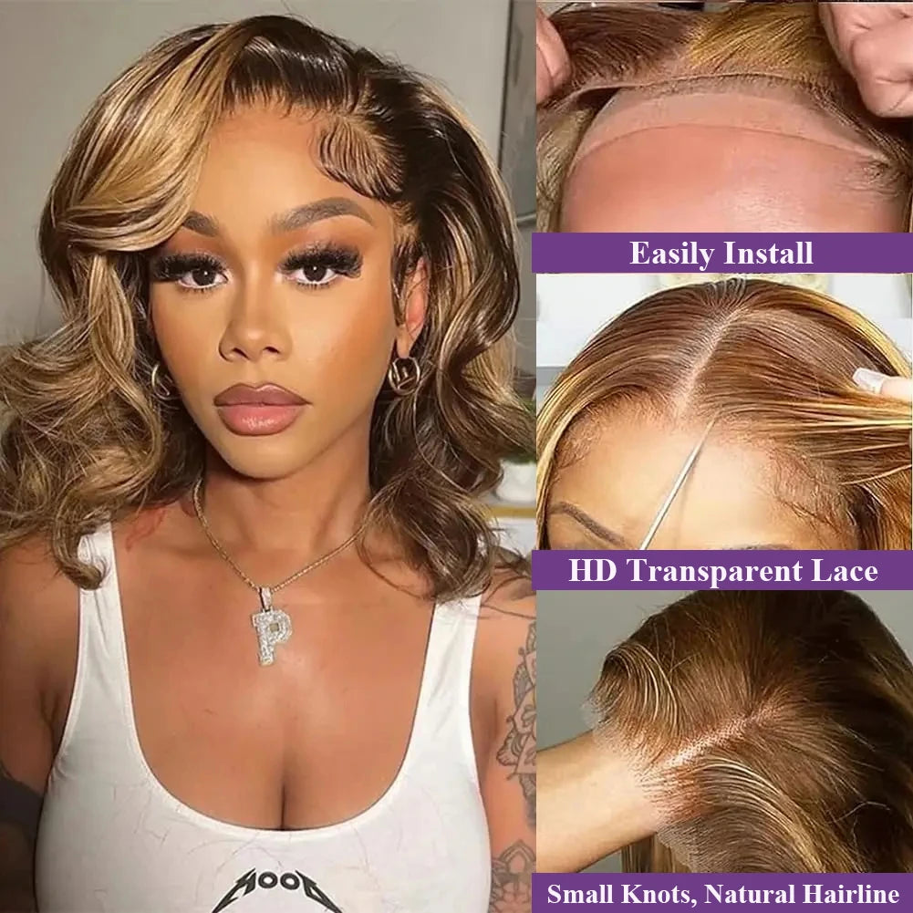 Perruque Bob à reflets colorés Body Wave 4/27 Ombre Brown 13x4 Lace Frontal Wig HD Transparent Lace Wigs Pre Plucked pour femmes noires