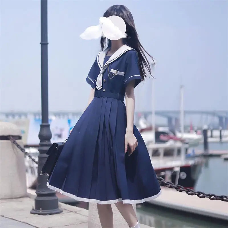 CGC Preppy Style JK Sailor Dresses Vintage Summer Midi Dresses For Women 2024 Japanese Pleated Dress Kawaii Lolita White Dresses