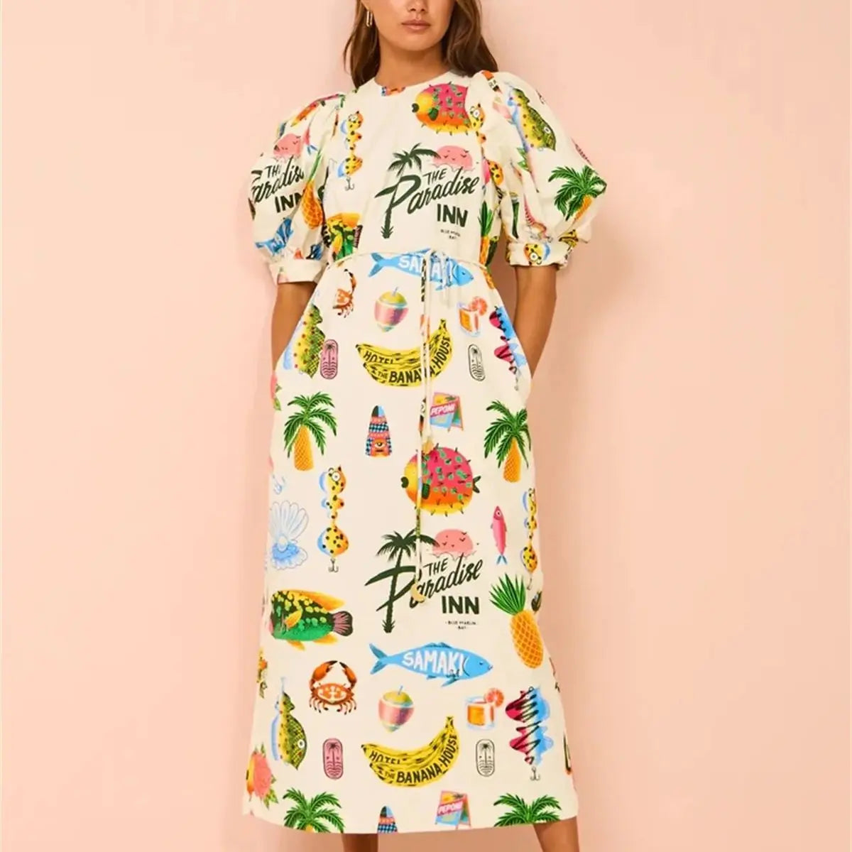 O-Neck Printed Bubble Sleeve Dress Tie Slit Fashion Dresses Women's Summer New Beach Vacation Bohemian Long Vestidos Loose Robes