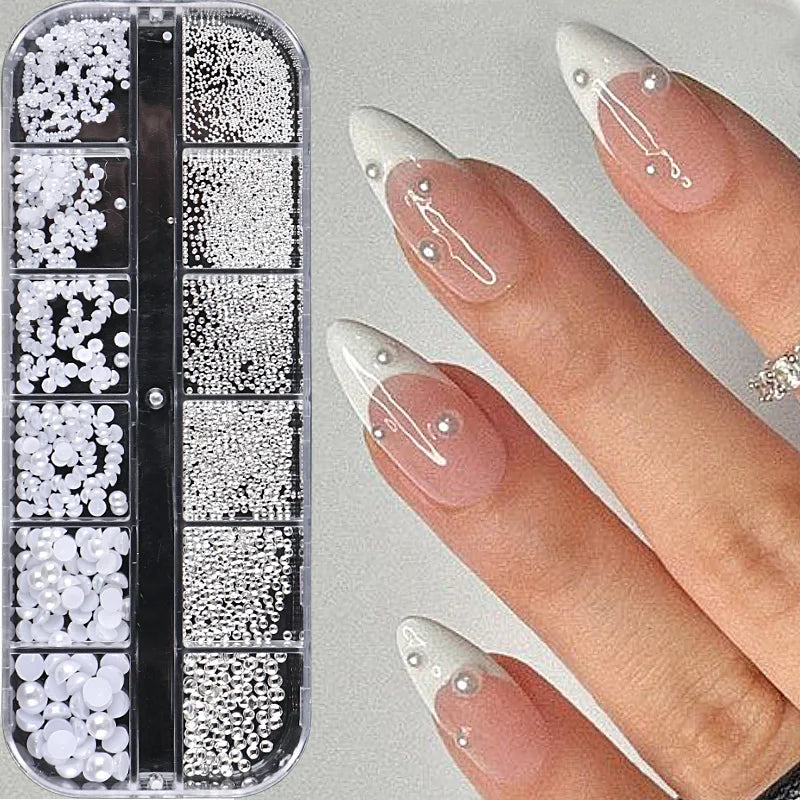 12 grilles blanches demi-rondes perles nail art décoration taille mixte argent or mini boule en acier rivet strass ongles accessoires