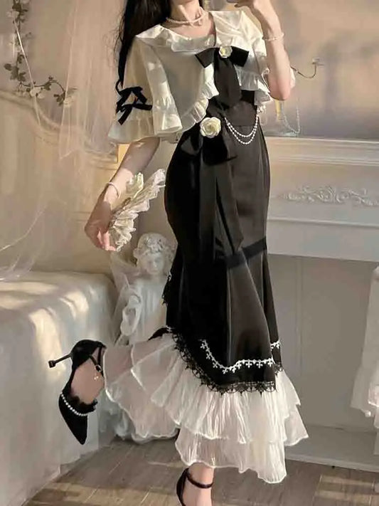 Französisch Vintage Fee Meerjungfrau Kleid Frauen Spitze Koreanische Partei Prinzessin Strap Kleid Weibliche 2023 Frühling Gericht Süße Lolita Midi Kleid