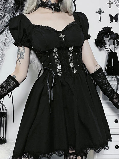 Robe mini gothique Lolita foncée pour femme, style grunge, style trapèze, bandage noir, corset, broderie, vêtements alternatifs, style gothique, Lolita Mall