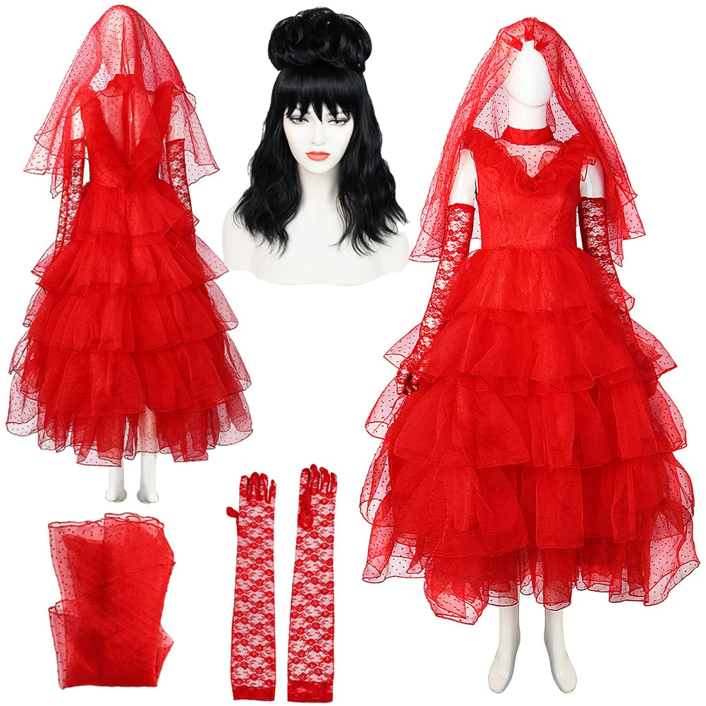 Lydia Cosplay Fantasia Costume Disguise For Female Women Adult Red Wedding Wig Halloween Carnival Party Roleplay Suit