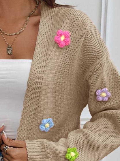 Langärmlige Strickjacke mit offener Vorderseite und Blumenmuster